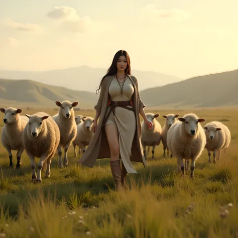 Ancient prehistoric age era, 
Stone civilization age era, 

((Realistic cinematography ultra wide depth intense realistically ultra-detailed savana field grassland angle of scenery)),,the detailed of an Eurasian female herder,herding a majestic amounts of ...