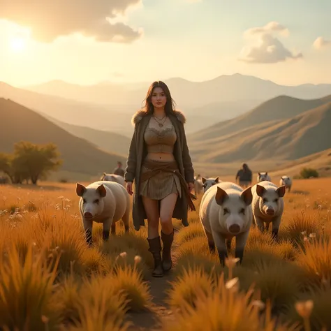 Ancient prehistoric age era, 
Stone civilization age era, 

((Realistic cinematography ultra wide depth intense realistically ultra-detailed savana field grassland angle of scenery)),,the detailed of an Eurasian female herder,herding a majestic amounts of ...