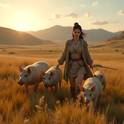 Ancient prehistoric age era, 
Stone civilization age era, 

((Realistic cinematography ultra wide depth intense realistically ultra-detailed savana field grassland angle of scenery)),,the detailed of an Eurasian female herder,herding a majestic amounts of ...
