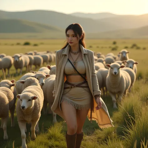 Ancient prehistoric age era, 
Stone civilization age era, 

((Realistic cinematography ultra wide depth intense realistically ultra-detailed savana field grassland angle of scenery)),,the detailed of an Eurasian female herder,herding a majestic amounts of ...