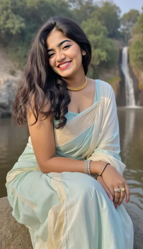 A beautiful young  malayali house wife, chubby cheeks,  wearing light blue designer saree and a white cotton blouse, long curly  thick black hairs, sitting on a rock near aathirapilly water falls in kerala, ,outdoor photoshoot poses, scenic water fall and ...