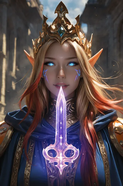 aidmaMJ6.1, a facial portrait of a female elf (intense details, Masterpiece, best quality) fantasy cleric, fantasy celestial guardian, armed with a holy symbol, shinning holy symbol, metallic shine, epic beautiful female elf, blond hair with red highlights...