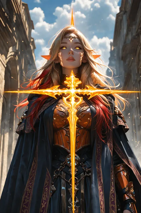  Ink Style, best quality, soft lines, clear details,aidmaMJ6.1, a facial portrait of a female elf (intense details, Masterpiece, best quality) fantasy cleric, fantasy celestial guardian, armed with a holy symbol, shinning holy symbol, metallic shine, epic ...