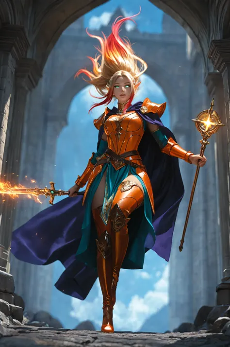 aidmaMJ6.1, a portrait of a female elf (intense details, Masterpiece, best quality) fantasy cleric, fantasy celestial guardian, armed with a holy symbol, shinning holy symbol, metallic shine, epic beautiful female elf, blond hair with red highlights , rich...