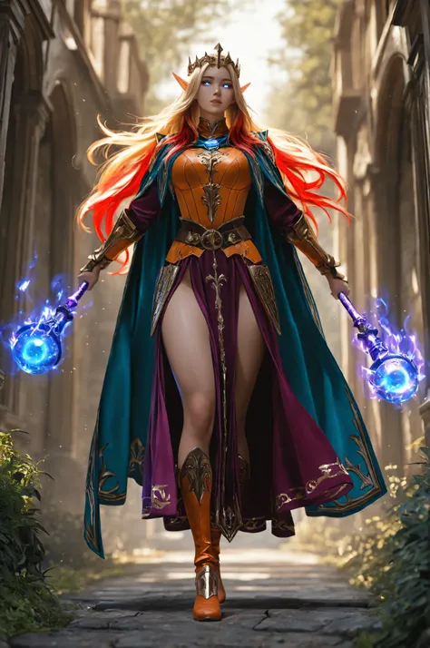 aidmaMJ6.1, a portrait of a female elf (intense details, Masterpiece, best quality) fantasy cleric, fantasy celestial guardian, armed with a holy symbol, shinning holy symbol, metallic shine, epic beautiful female elf, blond hair with red highlights , rich...