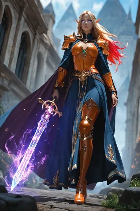 aidmaMJ6.1, a portrait of a female elf (intense details, Masterpiece, best quality) fantasy cleric, fantasy celestial guardian, armed with a holy symbol, shinning holy symbol, metallic shine, epic beautiful female elf, blond hair with red highlights , rich...