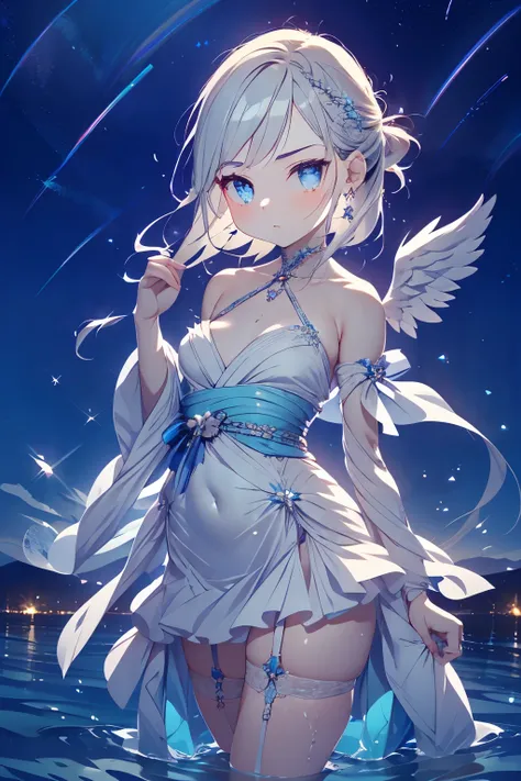 38 years old、Japanese woman、angel、白くて大きなangelの羽が背中に生えている、I'm wearing a dress with silver pleats, frills, and bouquets that show beautiful feathers、Babyface、round face、long hair、light blue hair、Small eyes、Dark eyebrows、the gills are slightly stretched、My ja...