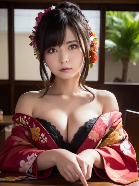 table top with visible underfoot, Highest Quality, shape, Super Detailed, fine, high resolution, 8K Wallpaper, 完璧なダイナミックな構shape, Beautifully Detailed Eyes, Kimono, off shoulder, Disconnect, Full Body