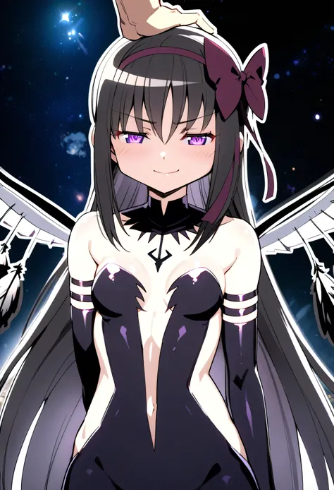 1girl, akuma homura, headpat, pov, bare shoulders, black gloves, (shiny skin:1.5),black hair, black wings, small breasts, , bow, dress, elbow gloves, feathered wings, hair bow, hair ribbon, long hair, purple eyes, glowing eyes, evil smile, ribbon, smirk:...