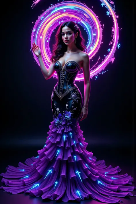 ETHEREAL LIGHT SPIRAL PORTRAIT:
Ultra-realistic, photo-realistic, ultra-detailed. MAIN SUBJECT:
- Elegant brunette woman in dramatic pose
- Porcelain complexion with subtle makeup
- Flowing long dark hair with subtle highlights
- Confident pose ...