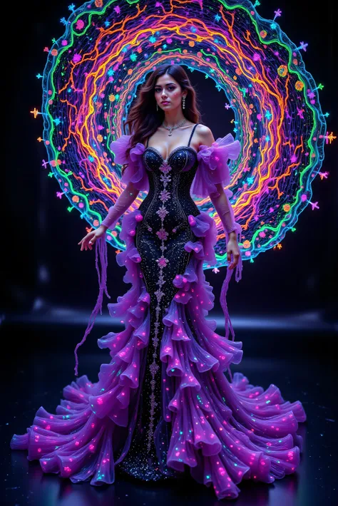 MAIN SUBJECT:
- Extremely attractive model, icon style, iconic character, hypersensual, Parted Lips, Makeup, Wide-Eyed, Kubrick Stare, Best Quality
- Elegant brunette woman in dramatic pose
- Porcelain complexion with subtle makeup
- Flowing long dark...