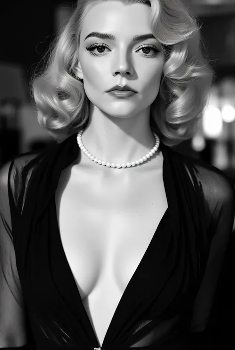 The photograph is in black and white, consistent with classic Hollywood glamour photography of the 1930s. The black and white photograph shows a glamorous skinny girl with a stylish, wavy blonde long hairstyle. She is wearing a black, open sheer dress with...