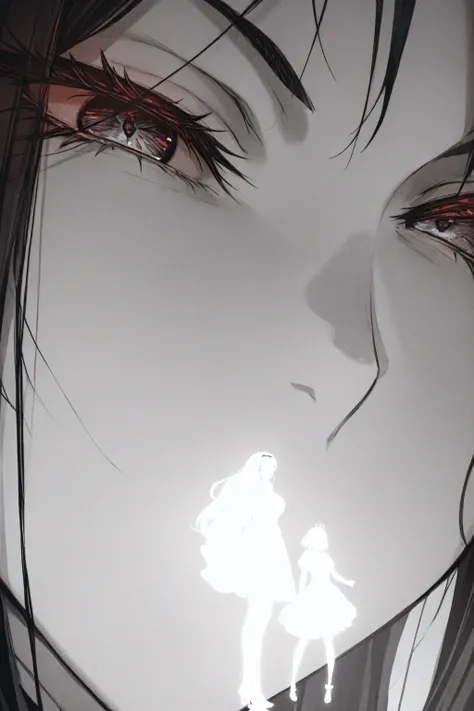 neon_silhouette_style, silhouette, monochrome,expressive eyes, expressive (add color here) eyes, detailed eyes, anime eyes, douyin eyes, high detail eyes, multicolored iris, detailed iris, long eyelashes, dark eyelashes, full lashes,Um intenso O close-up d...