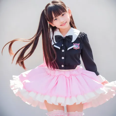 (8k,  Highest Quality, masterpiece,Full Body:1.2),   ultra high res,  complicated details,  1 girl,  10 years old,beautiful faces, black long hair,with back hair bundled with ribbons,Smile Yang,elementary school graduation clothes adorned in a cute way wit...