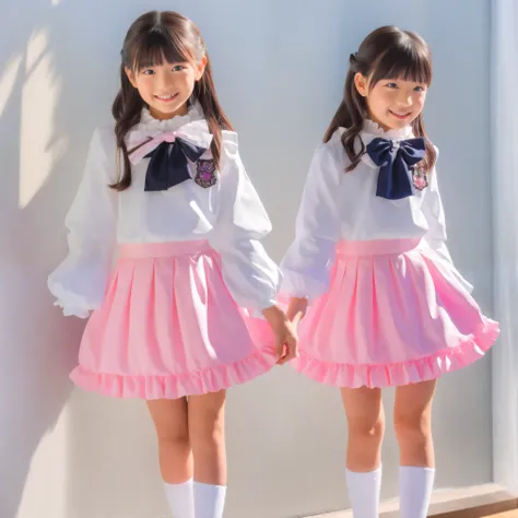 (8k,  Highest Quality, masterpiece,Full Body:1.2),   ultra high res,  complicated details,  1 girl,  10 years old,beautiful faces, black long hair,with back hair bundled with ribbons,Smile Yang,elementary school graduation dress adorned cutely with ruffles...