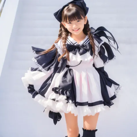 (8k,  Highest Quality, masterpiece,Full Body:1.2),   ultra high res,  complicated details,  1 girl,  10 years old,beautiful faces, black long hair,with back hair bundled with ribbons,smile,elementary school graduation clothes adorned in a cute way with ruf...