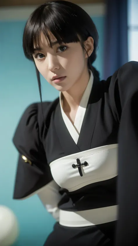 Hyper-realistic, ultra-detailed half-body portrait of Nemu Kurotsuchi from Bleach, a beautiful woman with pale skin, straight long black hair with blunt bangs, and striking deep eyes. She is wearing her traditional black Soul Reaper uniform with a white sa...