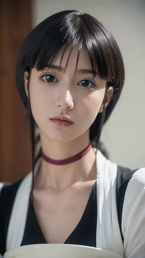 Hyper-realistic, ultra-detailed half-body portrait of Nemu Kurotsuchi from Bleach, a beautiful woman with pale skin, straight long black hair with blunt bangs, and striking deep eyes. She is wearing her traditional black Soul Reaper uniform with a white sa...