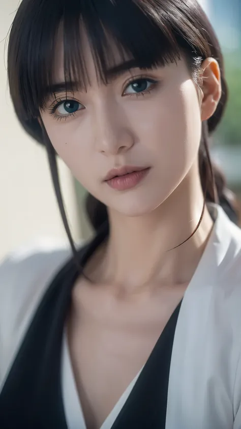 Hyper-realistic, ultra-detailed half-body portrait of Nemu Kurotsuchi from Bleach, a beautiful woman with pale skin, straight long black hair with blunt bangs, and striking deep eyes. She is wearing her traditional black Soul Reaper uniform with a white sa...