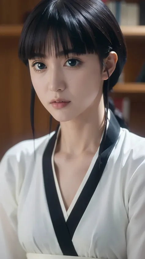 Hyper-realistic, ultra-detailed half-body portrait of Nemu Kurotsuchi from Bleach, a beautiful woman with pale skin, straight long black hair with blunt bangs, and striking deep eyes. She is wearing her traditional black Soul Reaper uniform with a white sa...