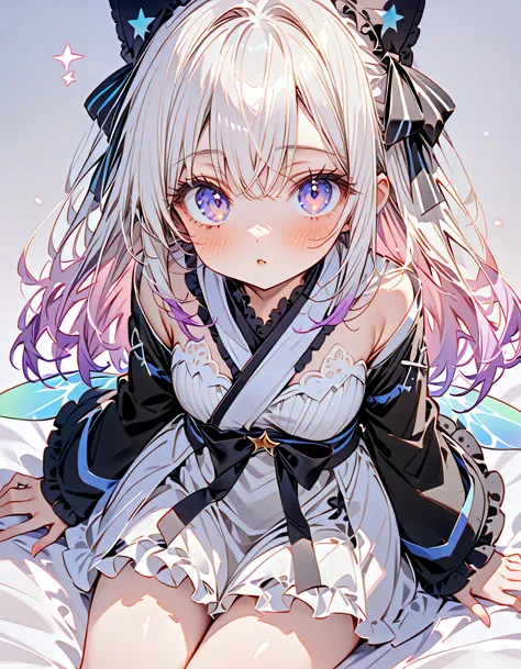   best details、（Amazing Details 、please sit，Blink， Highest Quality  ） ，（ milky white and blue gradation hair color）、（半透明の小さなcute妖精の羽が腰から生えている）、（カラフルでcuteゴシックの着物の衣装を着る）   ,    Star Fairy ,（ waist with extended cuffs ）、（ simple background）、 best details 、（Pa...