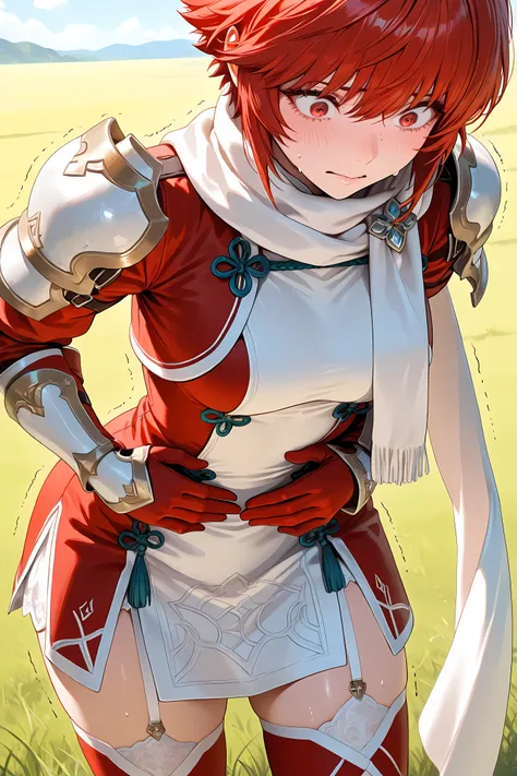 hinoka, red hair, red eyes, short hair, white scarf, red and white dress, shoulder armor, gauntlets, red gloves, garter straps, red thighhighs, half body shot,
general, masterpiece, highres, ultra-detailed, hyper-detailed, best quality, amazing quality,...