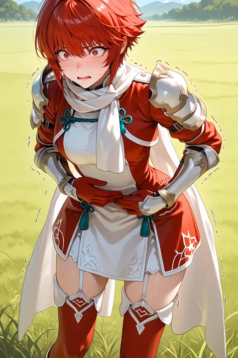 hinoka, red hair, red eyes, short hair, white scarf, red and white dress, shoulder armor, gauntlets, red gloves, garter straps, red thighhighs, half body shot,
general, masterpiece, highres, ultra-detailed, hyper-detailed, best quality, amazing quality,...