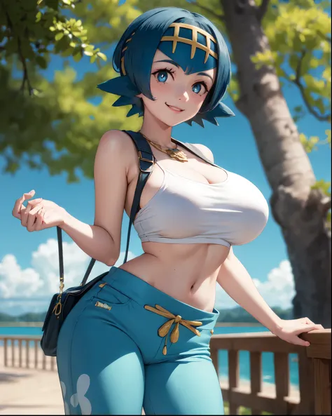 Masterpiece, best quality, Pokémon Lana, white eyes, headband, blue pants , cowboy shot, smile, big boobs, standing, sexy, outdoor