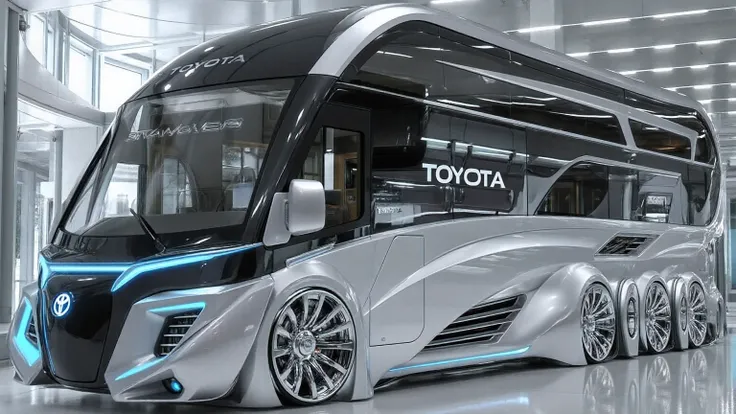 DE_style, A futuristic luxury double-decker motorhome concept designed by Toyota. The vehicle has a sleek, ultra-modern exterior with a glossy black and metallic silver body finish. The design is highly aerodynamic with smooth curves, sharp edges, and cont...