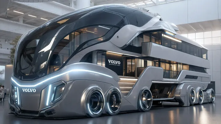 DE_style, A hyper-realistic futuristic luxury motorhome concept designed by Volvo. The vehicle is extremely large, resembling a multi-story moving mansion with cutting-edge modern design. The body is smooth and aerodynamic, with a matte silver and dark gre...