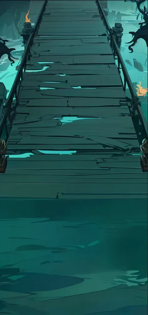 There is a long wooden bridge spanning the water surface, with abandoned Chinese style cartoon buildings in the background, a dark blue and white background, a 2D game cartoon scene style, a dark game background, a wooden plank bridge, an arena background,...