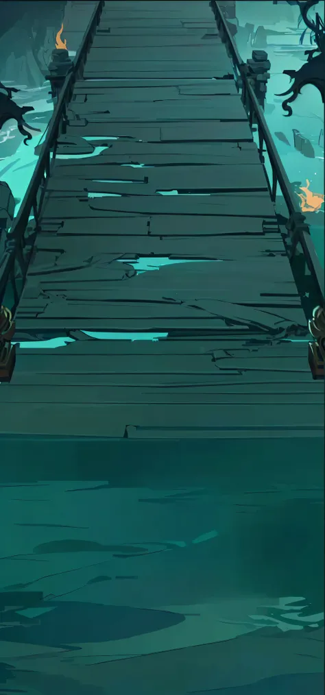 There is a long wooden bridge spanning the water surface, with abandoned Chinese style cartoon buildings in the background, a dark blue and white background, a 2D game cartoon scene style, a dark game background, a wooden plank bridge, an arena background,...