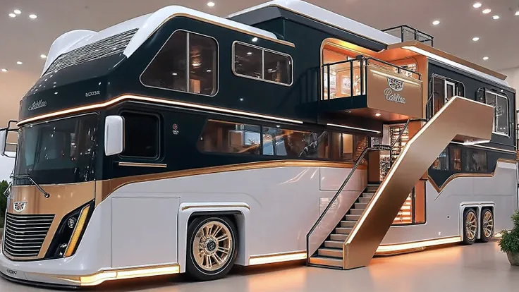 A futuristic Cadillac luxury double-decker motorhome showcased in a modern indoor exhibition hall. The motorhome design is elegant and ultra-modern, combining elements of a high-end RV, luxury yacht, and futuristic mansion on wheels.
The front of the moto...