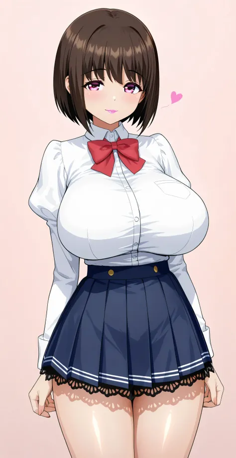 score_9, score_8_above, score_7,(simple background:1.5),The best image quality, Highest quality, perfect anatomy, high resolution,(solo girl, Chikan Shita, brown Bob hair, beautiful honey-colored eyes, VERY WELL DETAILED, pink lipstick, flirty and friendly...