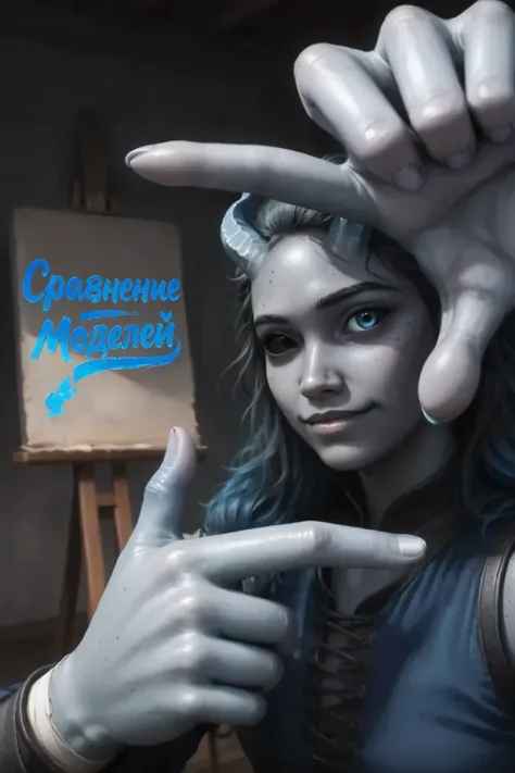 Kedra, (the arm is bent at the elbow), (dark blue-grey hands:1.5) ( bright blue eyes ), Портрет Kedra (One) ((looks at us with a hand with the palm of your hand to us:1.3)). a slight smile on face, The background is a blurred empty easel on a dark backgrou...