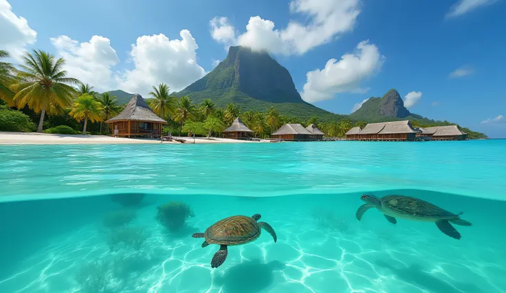Crystal clear turquoise lagoon with sea turtles swimming near the surface. Traditional tropical overwater bungalows with thatched roofs stand on the shoreline under tall palm trees. In the background rises a majestic volcanic mountain covered in lush green...