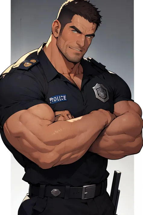 1man, masterpiece, best quality, cartoon of a matured rugged middle aged policeman/cop crossing his arms, wearing police uniform, muscular character, muscular male, beefcake pose, muscular!, muscular!!, mid-shot of a hunky, commission, high res, muscular!,...