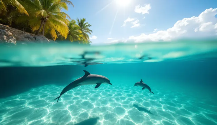 A split-view tropical paradise scene. Underwater: two dolphins gracefully swimming in crystal-clear turquoise water, sun rays creating shimmering light patterns on the sandy ocean floor. Above water: tropical island shoreline with lush green palm trees und...