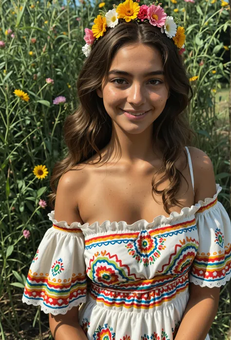 score_9, score_8_up, masterpiece, best quality, absurdres, amazing quality, ultra realistic, soft lighting, olive skin, (mexican woman), beautiful face, long wavy dark brown hair, flower crown, traditional mexican dress, colorful embroidery, off-shoulder b...