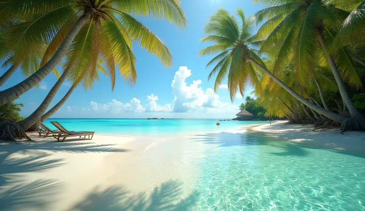 A breathtaking tropical paradise beach with crystal-clear turquoise water, sunlight reflecting in glowing patterns on the ocean floor. White sandy beach with tall coconut palm trees casting shadows on the sand. Two sun loungers and a small hut in the dista...