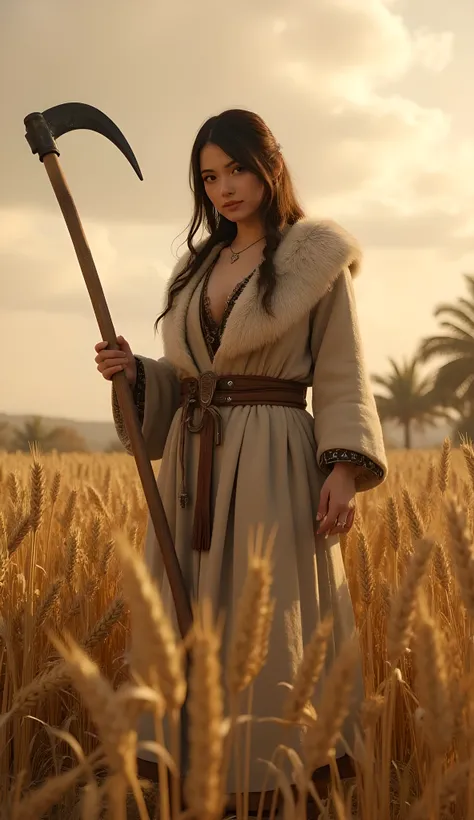 Ancient prehistoric age era, 
Stone age agriculture era, 

((Realistic cinematography ultra wide depth intense realistically ultra-detailed wheat crops angle of scenery)),,the detailed of an Eurasian female farming holding held a realistic intricately sick...