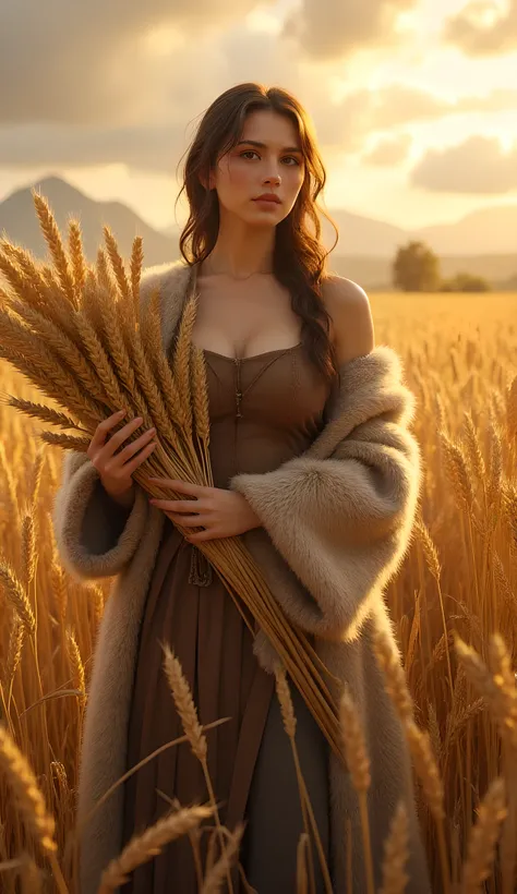 Ancient prehistoric age era, 
Stone age agriculture era, 

((Realistic cinematography ultra wide depth intense realistically ultra-detailed wheat crops and hut granary angle of scenery)),,the detailed of an Eurasian female farming holding a lot of amount r...