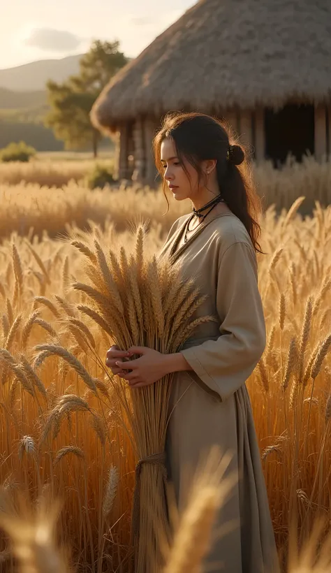 Ancient prehistoric age era,
Stone age agriculture era,
((Realistic cinematography ultra wide depth intense realistically ultra-detailed wheat crops and hut granary angle of scenery)),,the detailed of an Eurasian female farming holding a lot of amount r...