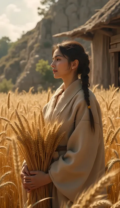 Ancient prehistoric age era, 
Stone age agriculture era, 

((Realistic cinematography ultra wide depth intense realistically ultra-detailed wheat crops and hut granary angle of scenery)),,the detailed of an Eurasian female farming holding a lot of amount r...