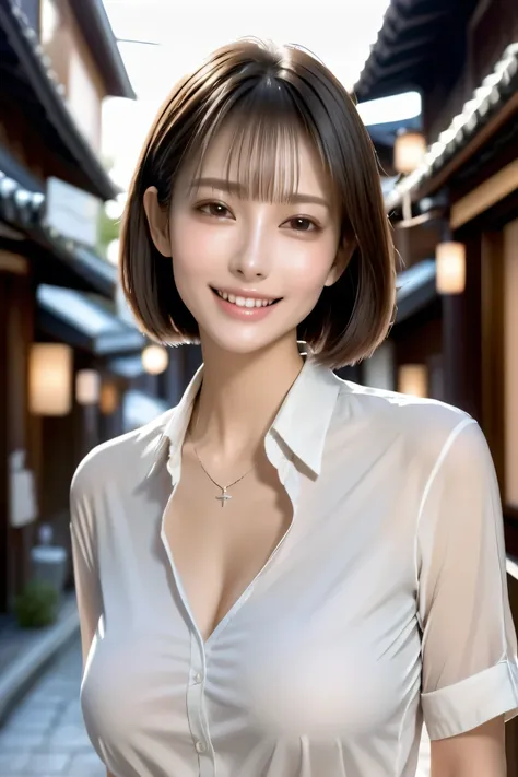 (masterpiece, best quality, photorealistic, 8k, ultra-detailed),
Full-body view of a beautiful woman from mid-thigh up (cowboy shot), with natural makeup, dark brown eyes, defined double eyelids, long silky eyelashes, and a confident alluring grin showing ...