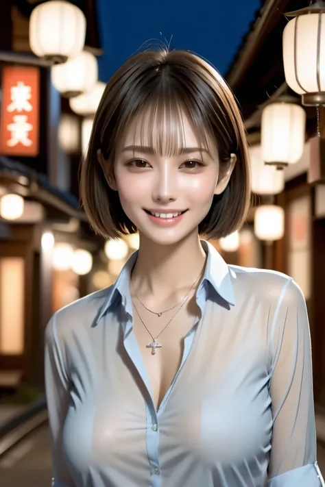 (masterpiece, best quality, photorealistic, 8k, ultra-detailed),
Full-body view of a beautiful woman from mid-thigh up (cowboy shot), with natural makeup, dark brown eyes, defined double eyelids, long silky eyelashes, and a confident alluring grin showing ...