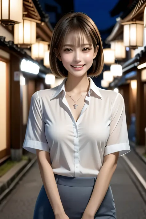 (masterpiece, best quality, photorealistic, 8k, ultra-detailed),
Full-body view of a beautiful woman from mid-thigh up (cowboy shot), with natural makeup, dark brown eyes, defined double eyelids, long silky eyelashes, and a confident alluring grin showing ...