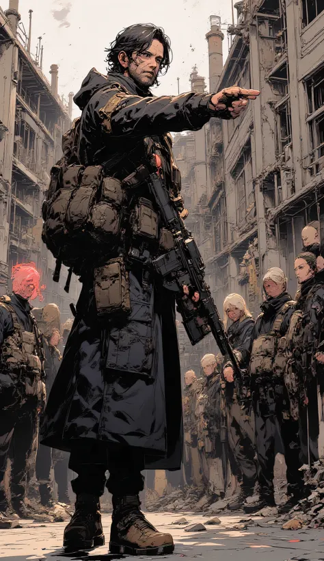 Rugged middle-aged man in tactical vest and fatigues, scarred face, pointing forward while holding an assault rifle, survivors gathered around him in a ruined factory yard, anime cinematic art, highly detailed.