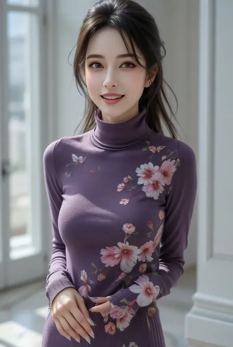 A sophisticated Japanese woman in her late 40s, wrapped in a floral deep purple turtleneck knit with cashmere-like softness. The premium knit fabric elegantly embraces her voluptuous yet refined bust, creating smooth curves from the stylish high neck to th...