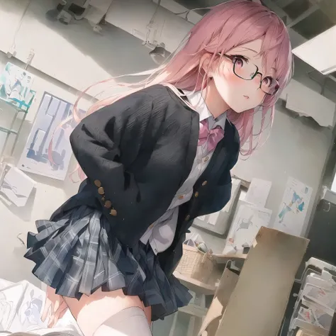anime girl in a school uniform with pink hair and glasses, smooth anime cg art, guweiz, soft anime illustration, beautiful anime high school girl, guweiz on pixiv artstation, artwork in the style of guweiz, seductive anime girl, guweiz on artstation pixiv,...